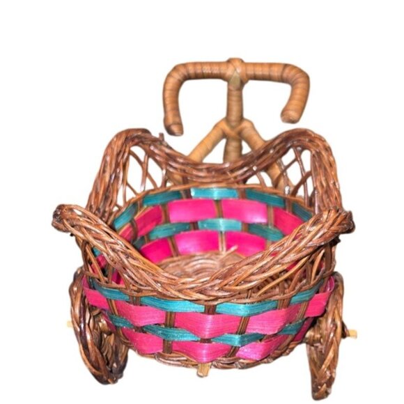 Vintage Wicker Tricycle Planter Basket With Colorful Weave Design boho cottage - Picture 8 of 9